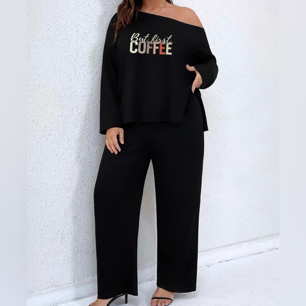 NEW 0 XL Plus Letter Graphic Asymmetrical Neck Tee & Pants